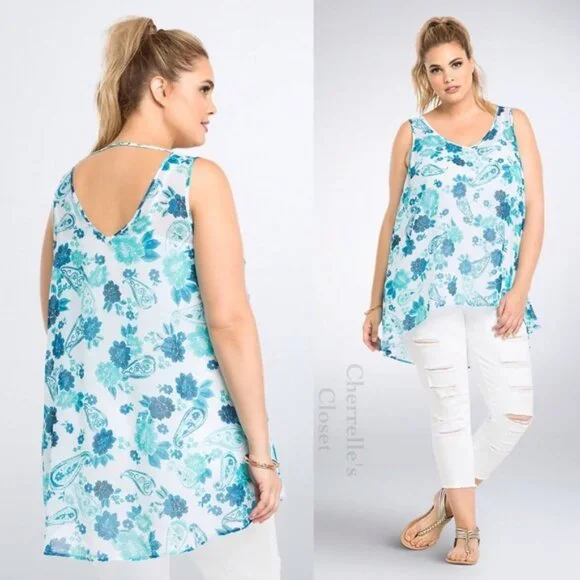 ✨2/$20 *Flawed Torrid Floral Paisley Print Sheer Chiffon Top Blue Plus Size 1X - Picture 1 of 6